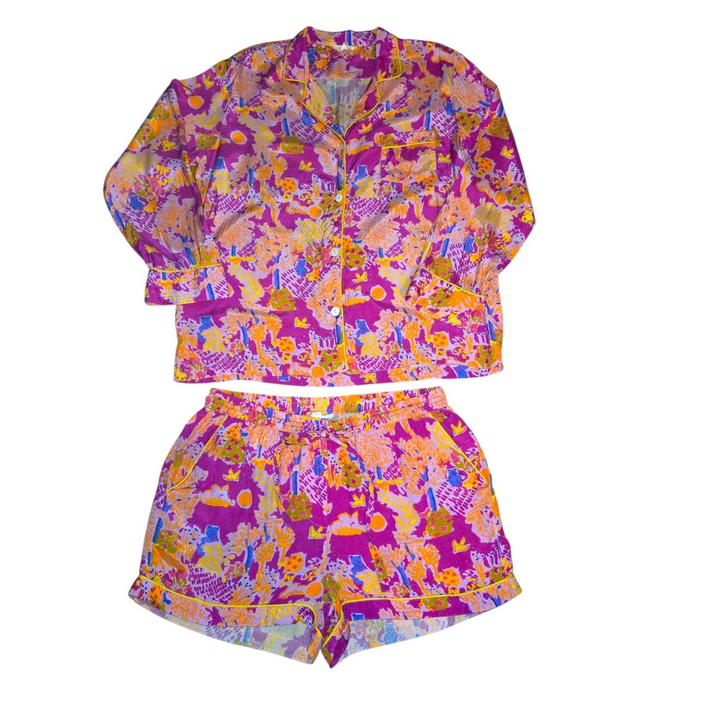 Roller Rabbit Floral Bunnies PJ Set Women M Multicolored Long Sleeve Top Shorts